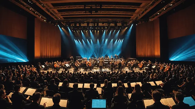Wide angle view of a celebrated orchestra in concert with electronic elements