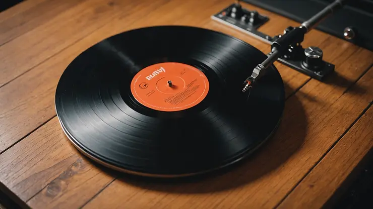 Close-up of a vinyl record on a wooden table