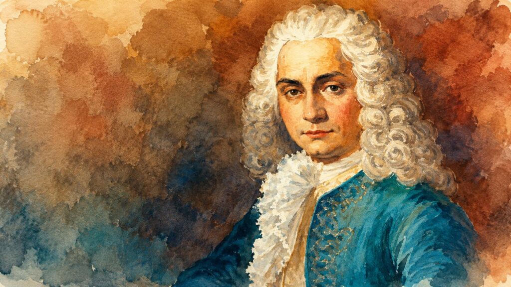 Watercolor portrait painting of the Italian baroque music composer Alessandro Marcello Tunitemusic