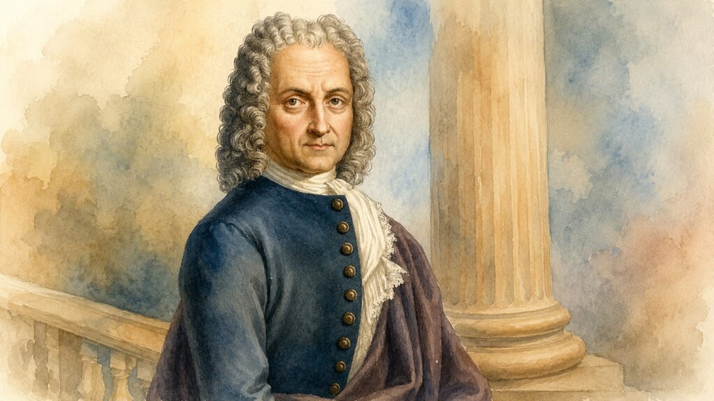 Watercolor portrait painting of the Italian baroque music composer Benedetto Marcello Tunitemusic