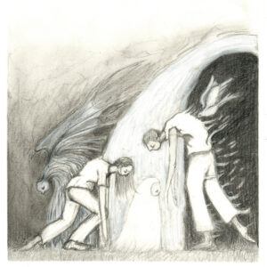 music album artwork, pencil scethc on paper in black and white from the album Hopeful Music for Hopeless People by The Scornful Four