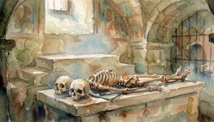 Watercolor painting of a headless skeleton with two skulls laid beside it reminiscence of Joseph Haydn tomb with two heads in it.