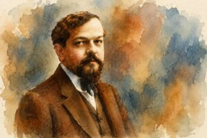 Watercolor portrait painting of the french classical music composer Claude Debussy Tunitemusic