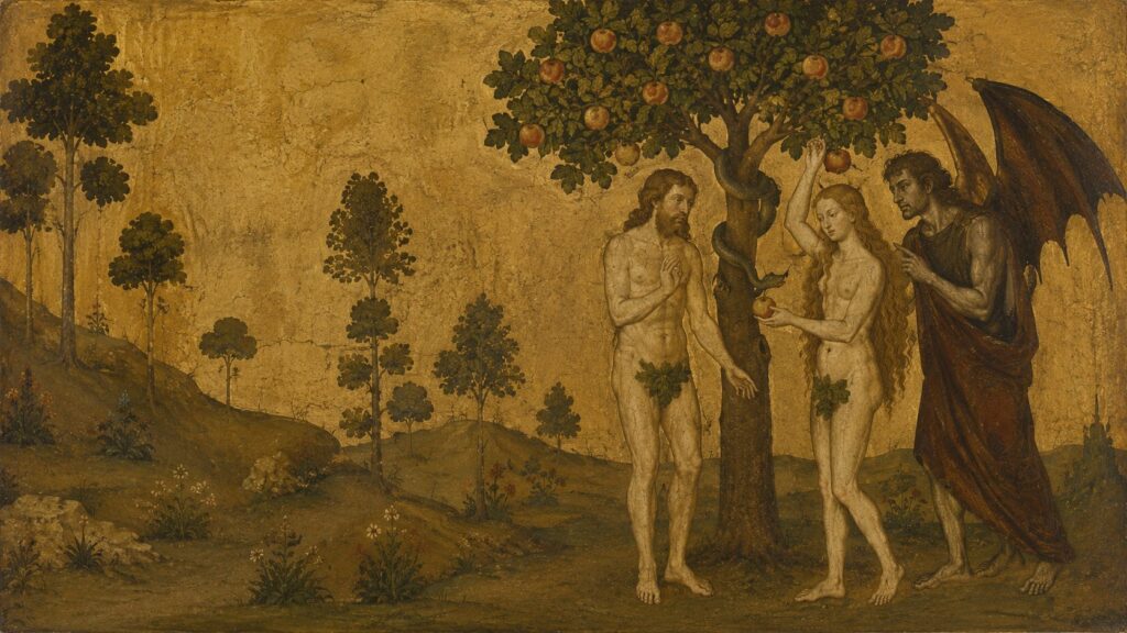Medival style painting of Adam ad Eve and Lucifer, depicting the story of Paradise Lost by Milton for a concert by Matteo Ramon Arevalos and Arashk Azizi