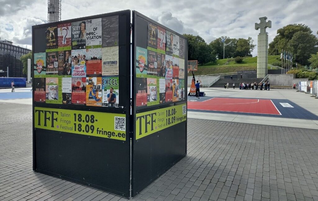 Cube with posters of Tallinn Fringe Festival 2026 in the vabduse väljak in Tallinn Estonia