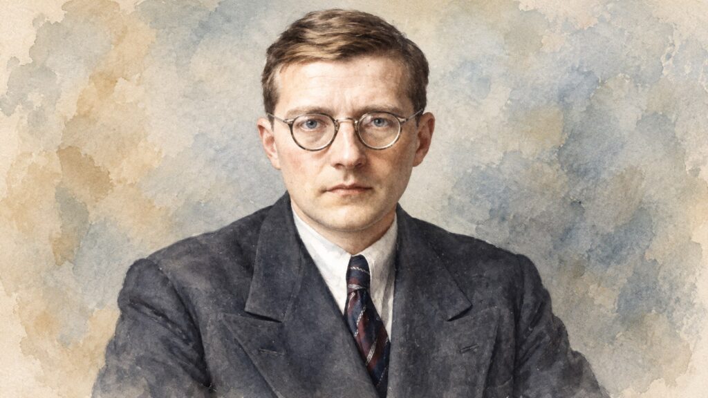 Watercolor painting portrait of the classical composer and symphnist, Dmitri Shostakovich