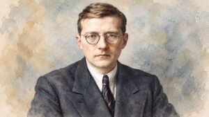 Watercolor painting portrait of the classical composer and symphnist, Dmitri Shostakovich