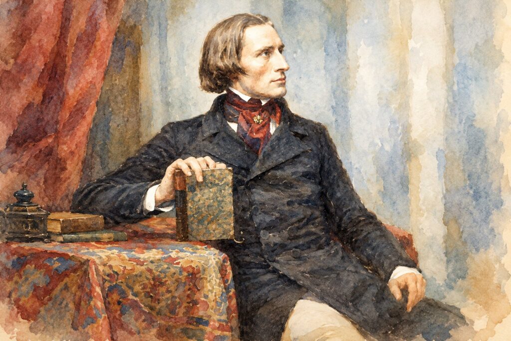 Watercolor portrait of the classical composer of the romantic era, the virtuoso pianist ad composer Franz Liszt - The Virtuoso Who Redefined Music. Tunitemusic