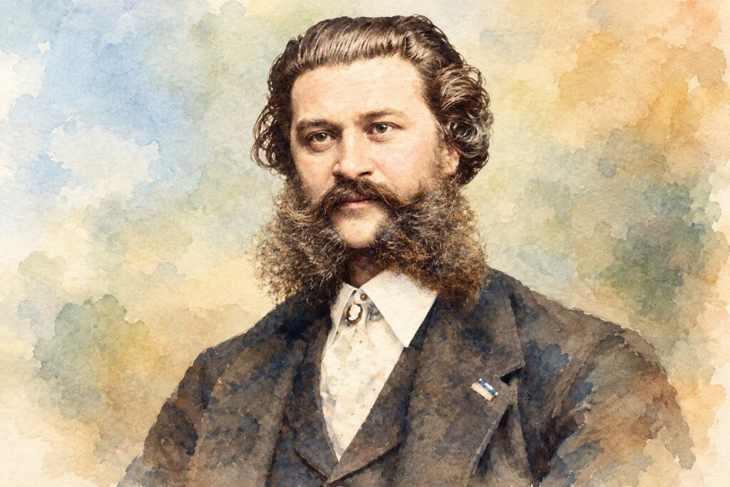 Watercolor painting of the portrait of the Austrian composer, known as the king of waltz, Johann Strauss II- The Life and Legacy of the Waltz King-Tunitemusic