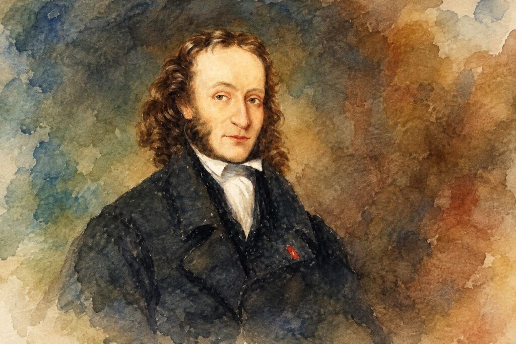 Watercolor pianting of the Italina composer and virtuoso violinist Niccolò Paganini - The Devil’s Violinist & Virtuoso